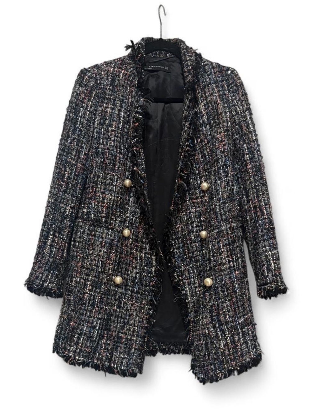 Zara Black Tweed Double-Breasted Fringe Jacket with pearls S